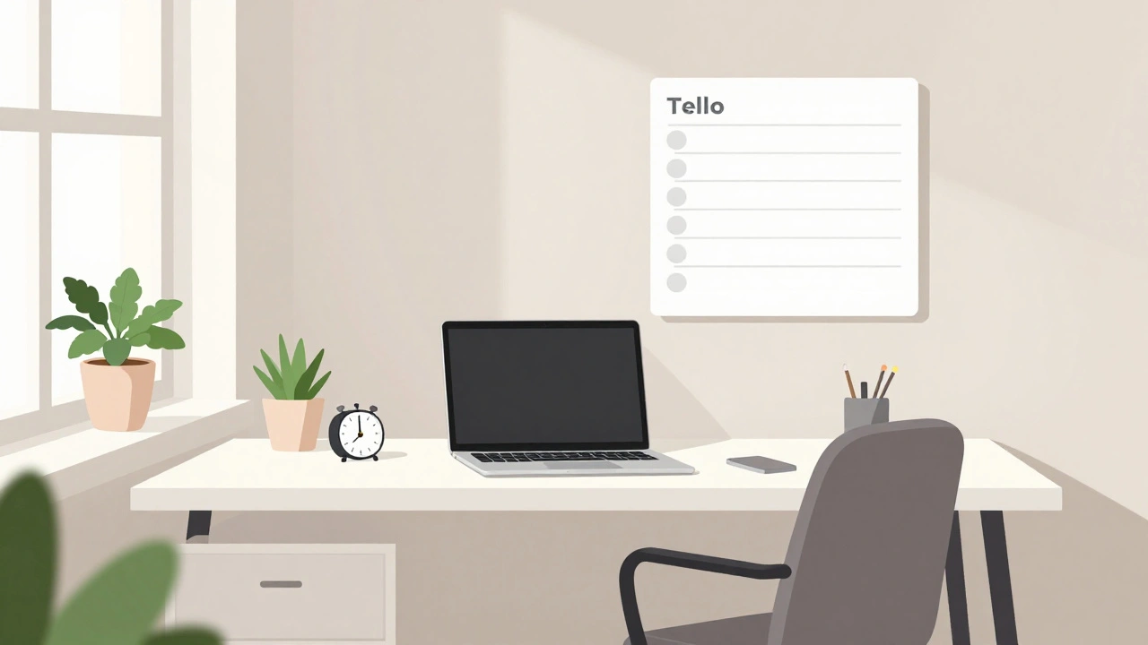 Домашній робочий простір з організованим столом, Трелло та таймером Помодоро.