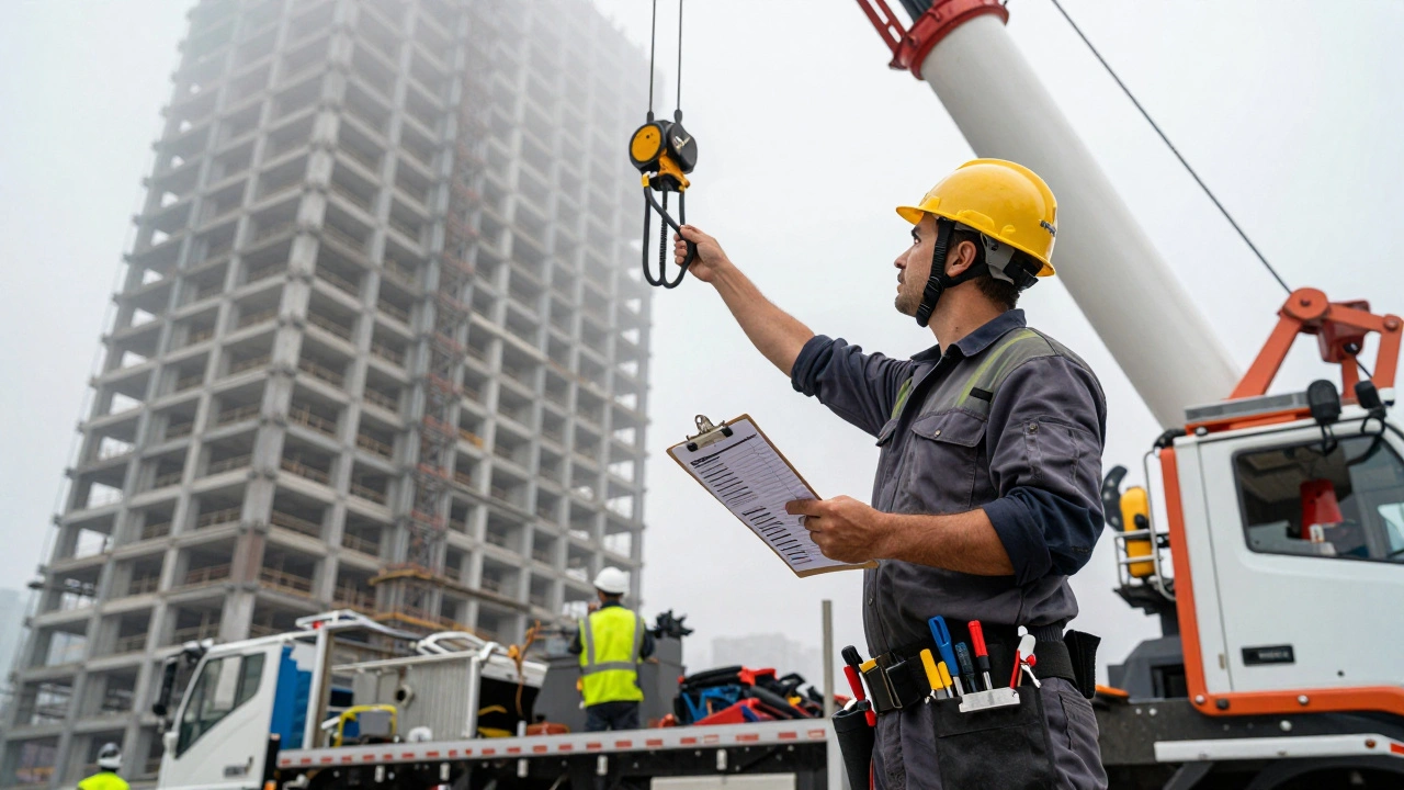 Досвідчений автокранівщик перевіряє гідравлічні лінії крана перед початком робочого дня.