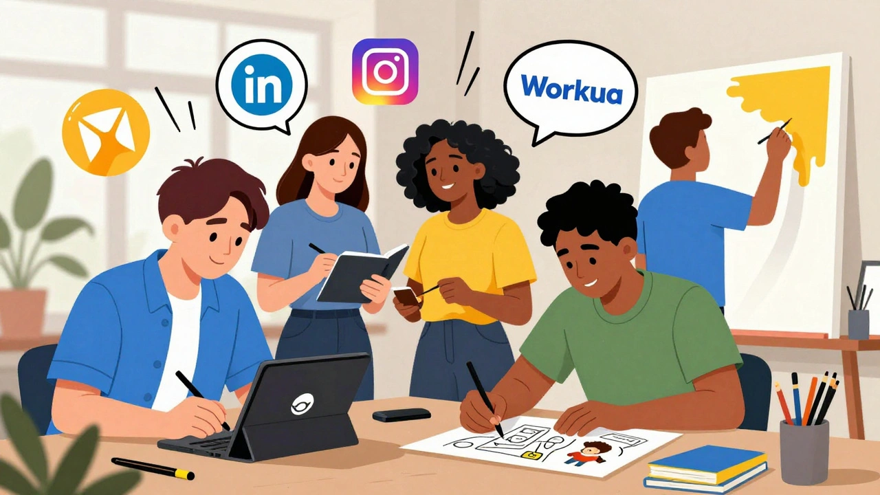 Група художників у креативному просторі працює з різними інструментами: планшетами, кистями, мобільними додатками.