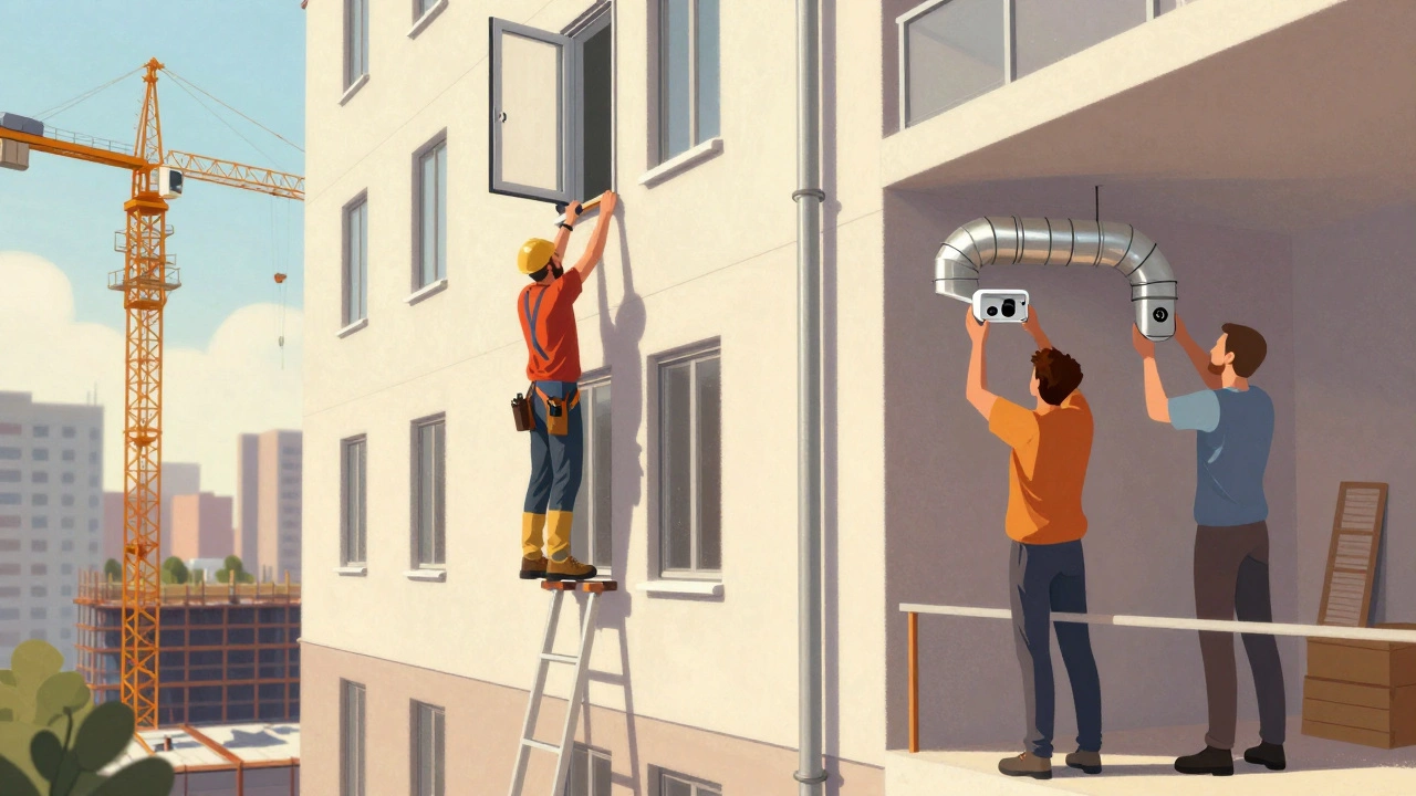 Група монтажників працює на будівельному об'єкті в Києві: монтаж вікон, вентиляції та систем безпеки.