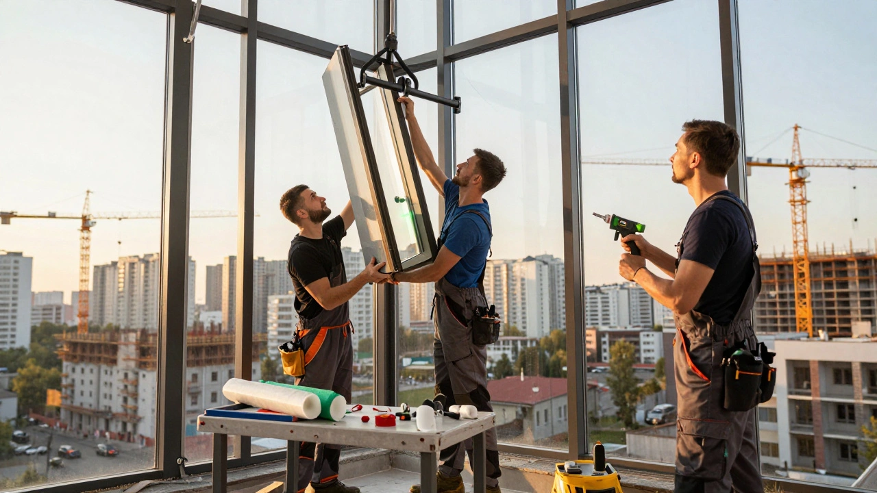 Група монтажників разом встановлюють вікно на сучасному будинку в Києві, використовуючи підйомник і лазерний рівень.