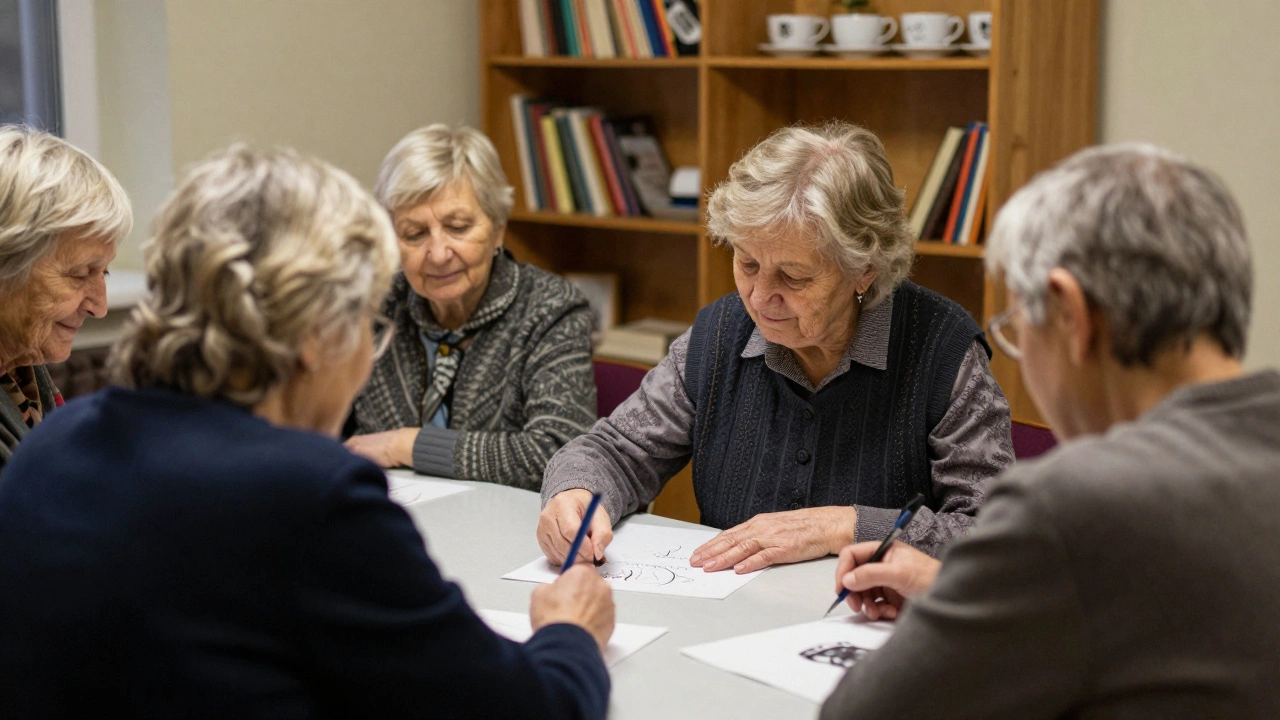 Група пенсіонерів спілкується та допомагає дитині в центрі для пожилого населення.