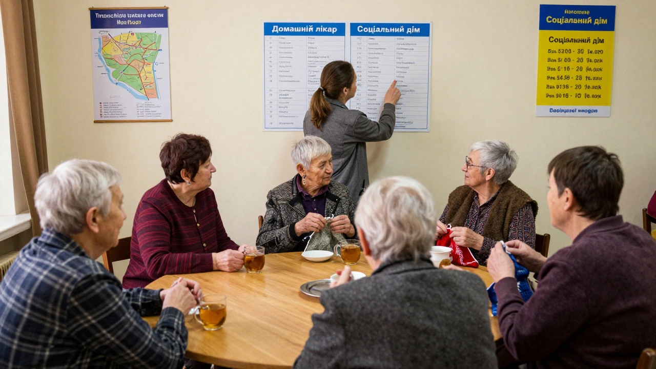 Група пожилих людей у центрі допомоги, соціальний працівник пояснює їм програми підтримки.