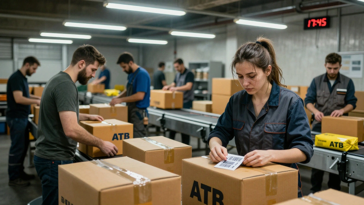 Група працівників сортує посилки на складі під яскравим світлом, біля конвеєрів з коробками ATB та FOXTROT.