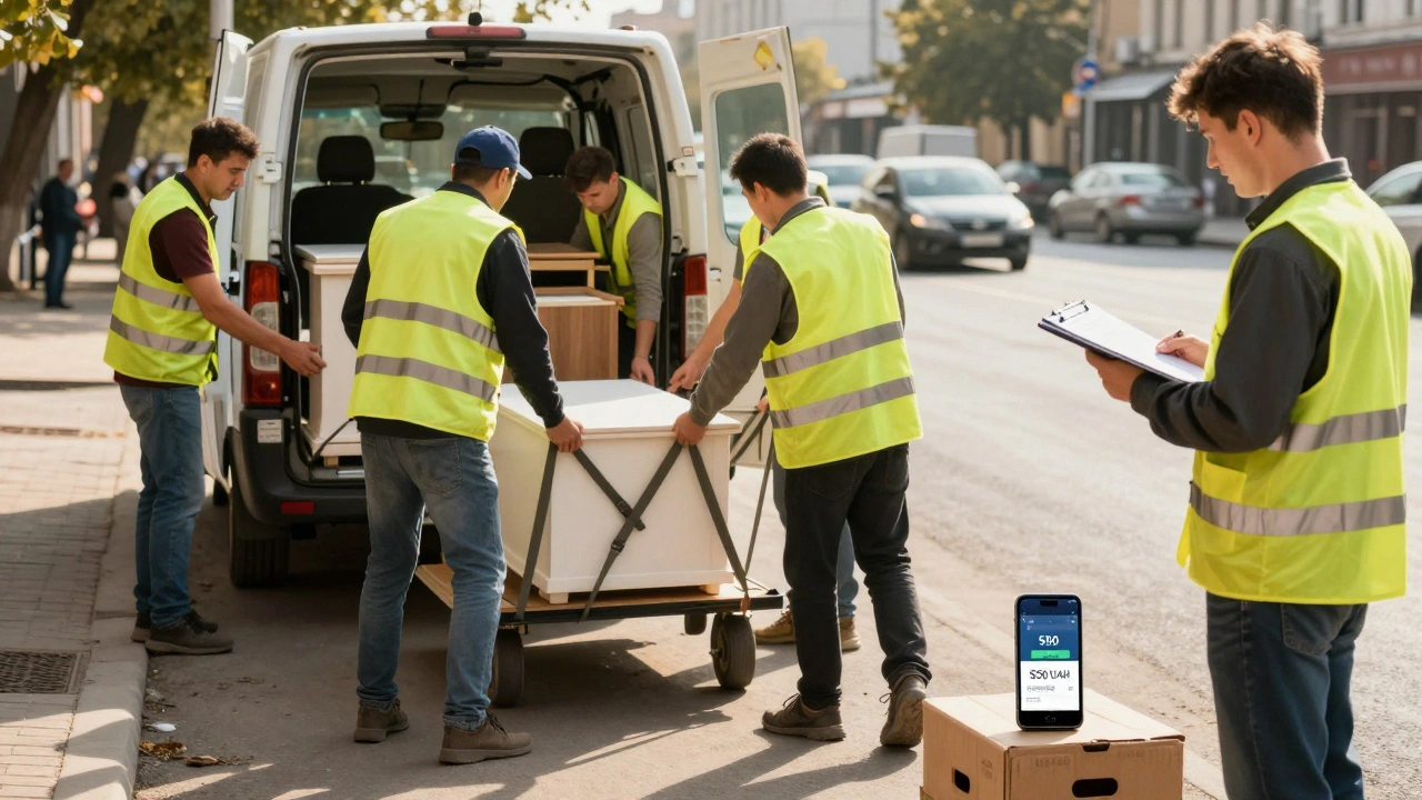Грузчики завантажують меблі на вантажівку в районі Дарниця, на телефоні — повідомлення про оплату.