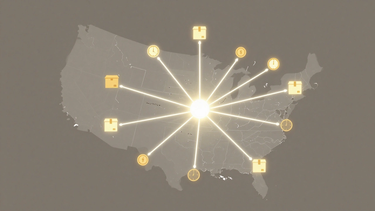 Карта Києва з відображенням потоків посилок, годинників і грошей, що символізують гнучку роботу в Теремках.