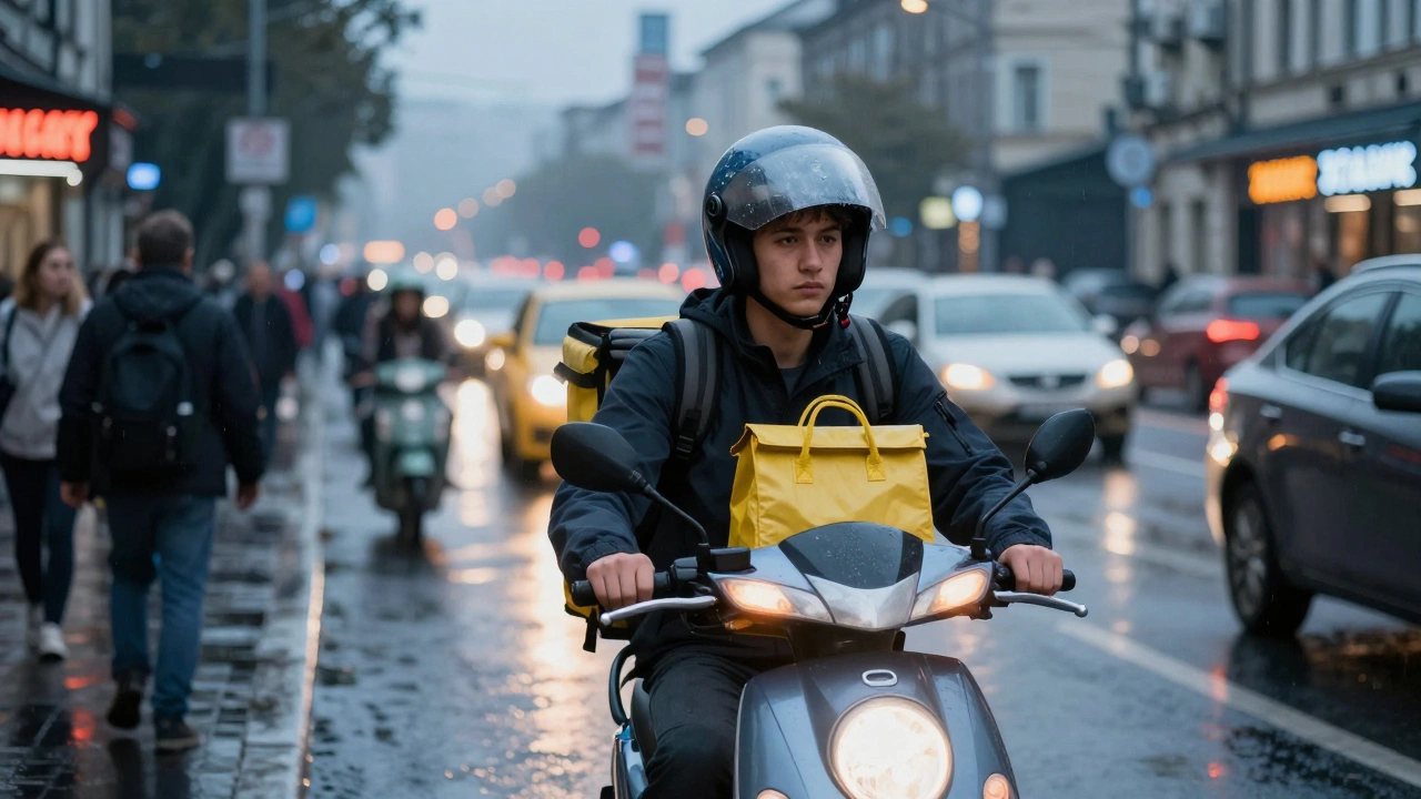 Кур'єр на мотоциклі їде в щільному русі по дощовій вулиці в Києві