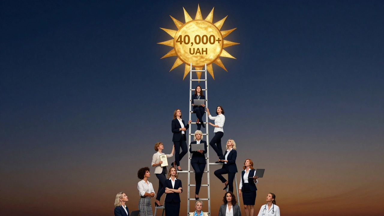 Лісниця з професійними іконами піднімається до золотого сонця, де жінки різного віку піднімаються вгору, символізуючи досягнення високої зарплати.