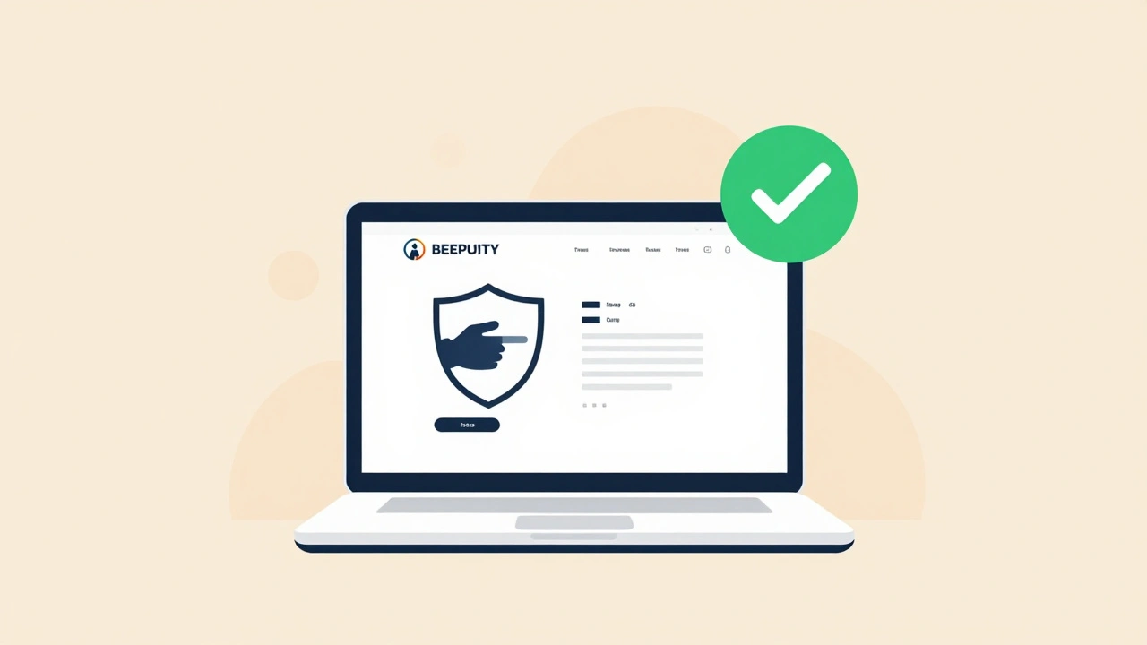 Людина перевіряє сайт компанії з захисним щитом на екрані ноутбука.