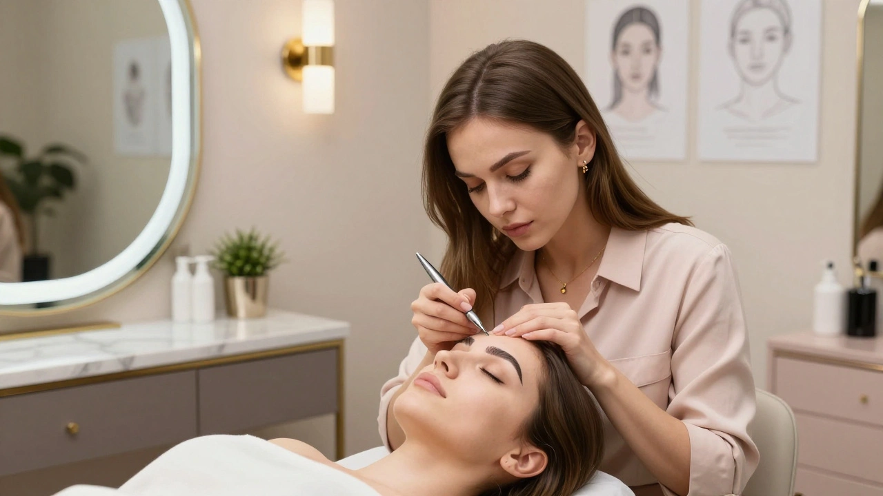 Майстриня робить татуаж брів у преміум-салоні в Печерську, Київ, з акцентом на точність і елегантний інтер'єр.