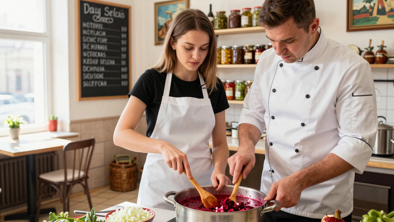 Молодий повар вчиться готувати борщ у київській кав’ярні, старший шеф показує йому процес, сонячне світло падає на овочі та стіл.