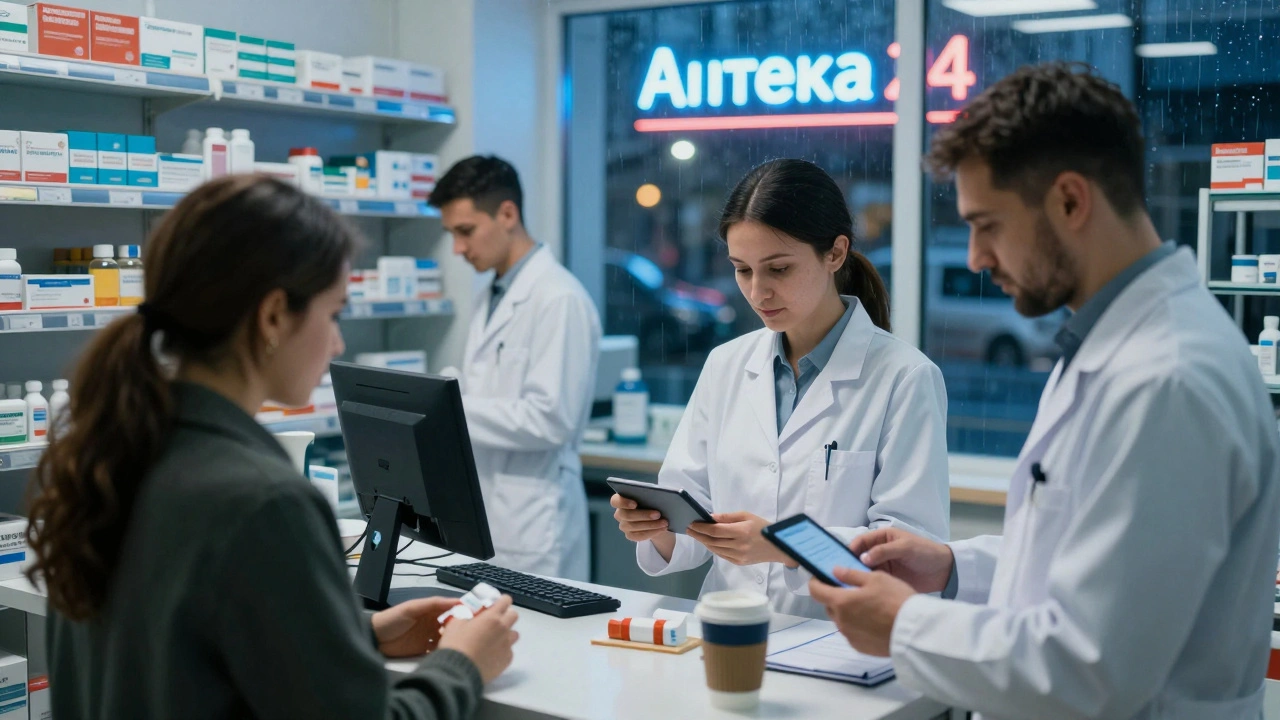 Нічна зміна в аптекі Києві: фармацевти працюють під світлом неонової витинанки.