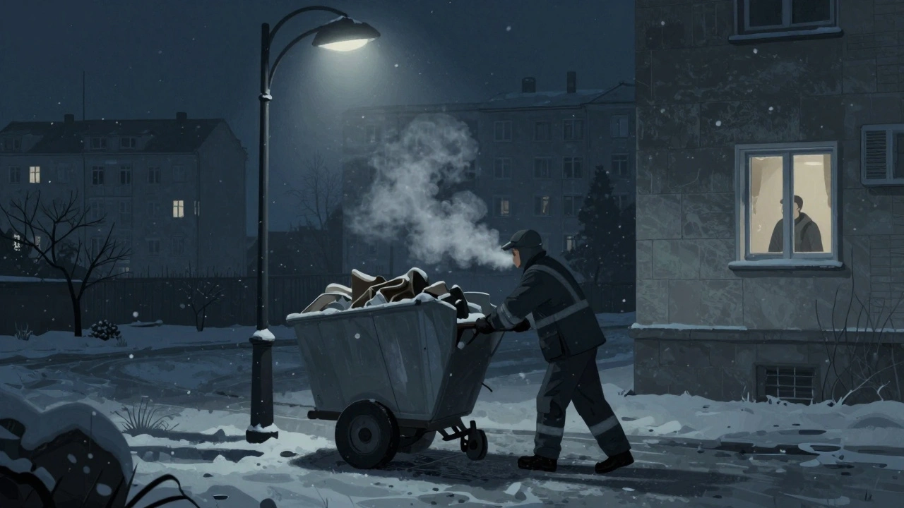 Нічний дворник тягне візок зі сміттям під ліхтарем у снігу в Києві.