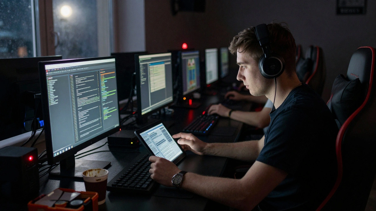 Нічний працівник у кібер-клубі перевіряє системні логи, навколо — тихі ігрові станції та місячний світло з вікна.