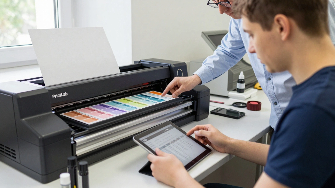 Новачок вчиться калібрувати кольори на цифровому верстаті Xerox Versant під наглядом майстра.