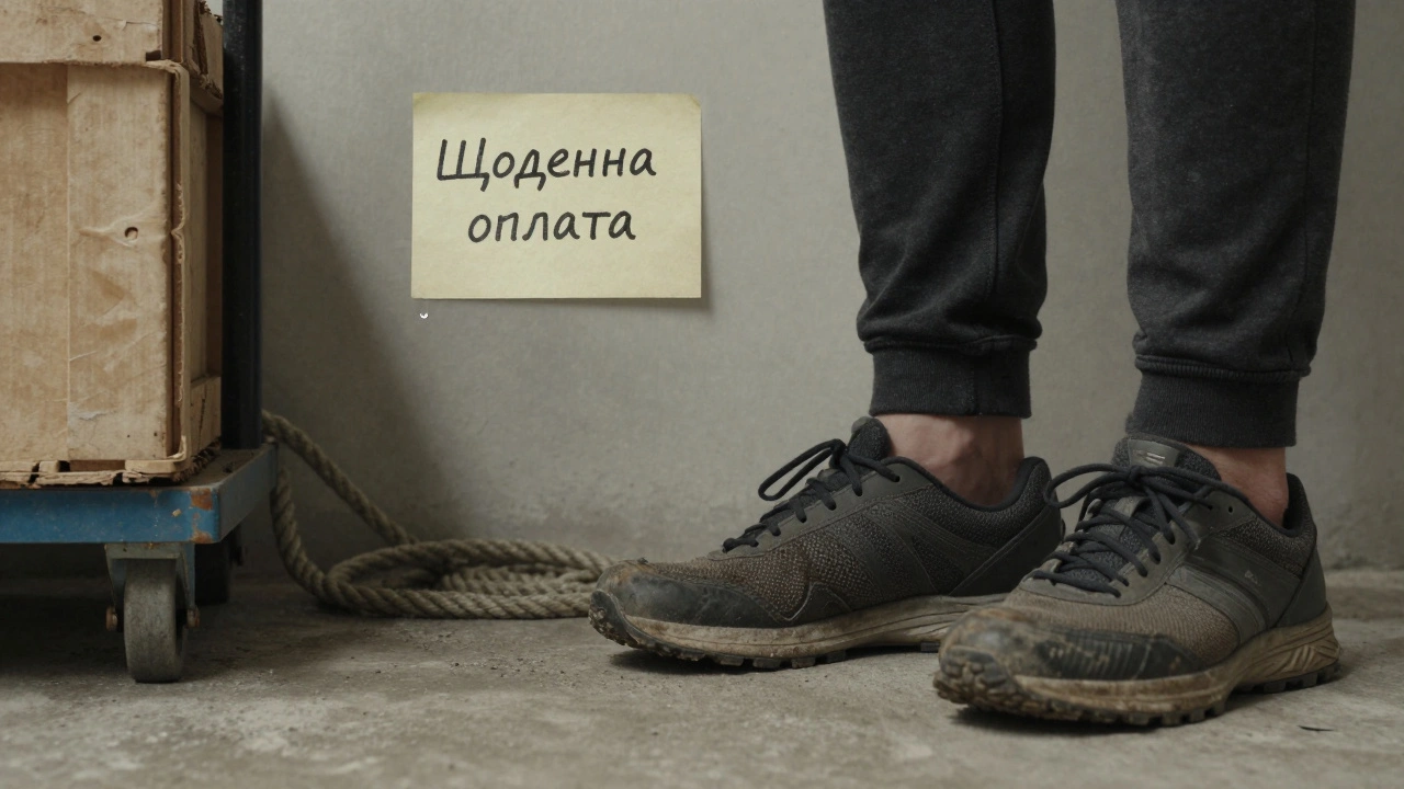 Пара робочих кросівок на складі зі слідами пітю, біля них — теліжка та наклейка зі словами "Щоденна оплата".