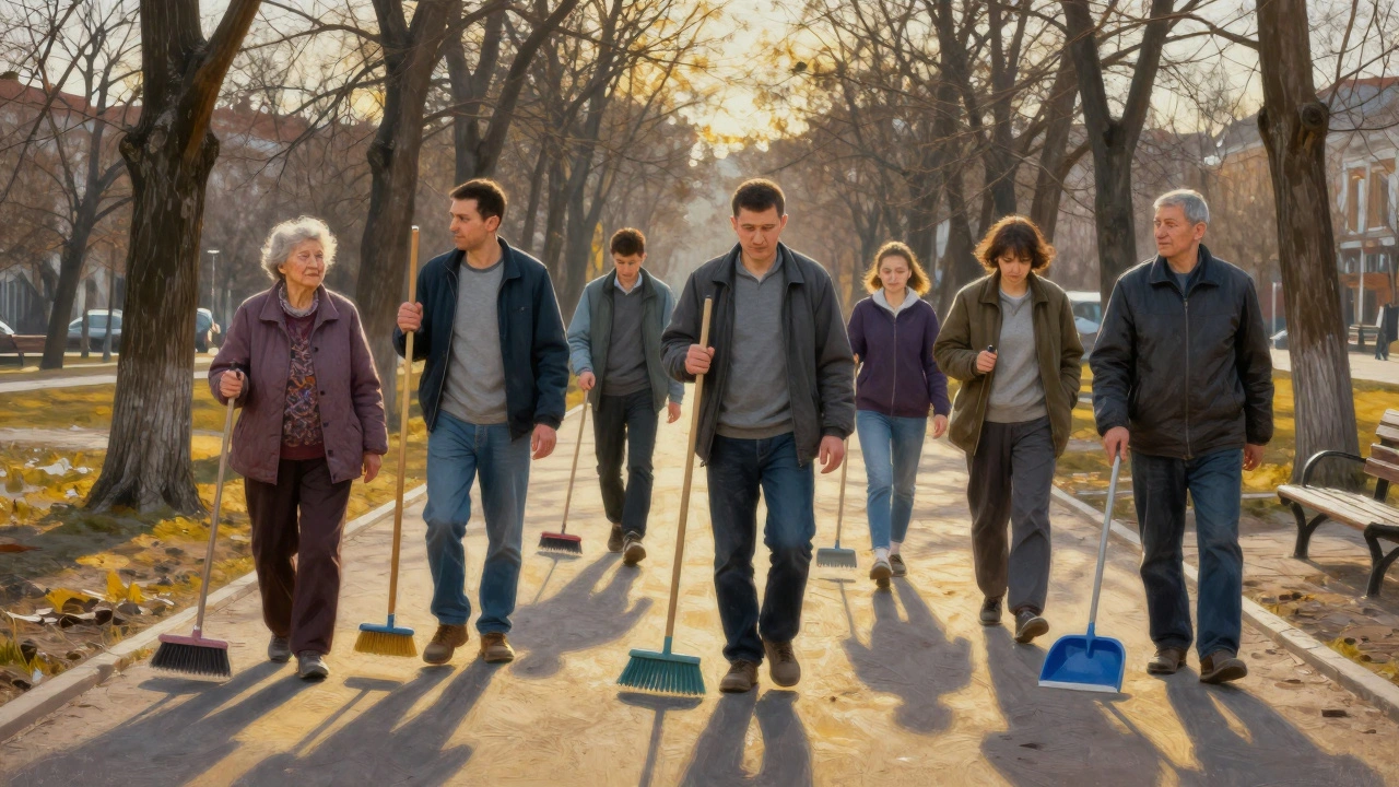 Різні люди з інструментами для прибирання стоять разом у парку Києва на заході сонця.