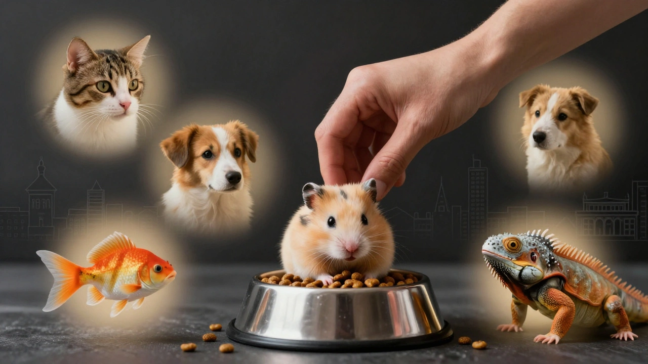 Рука кладе корм для хом’яка, навколо — проекції різних тварин, символізуючи відповідальність.