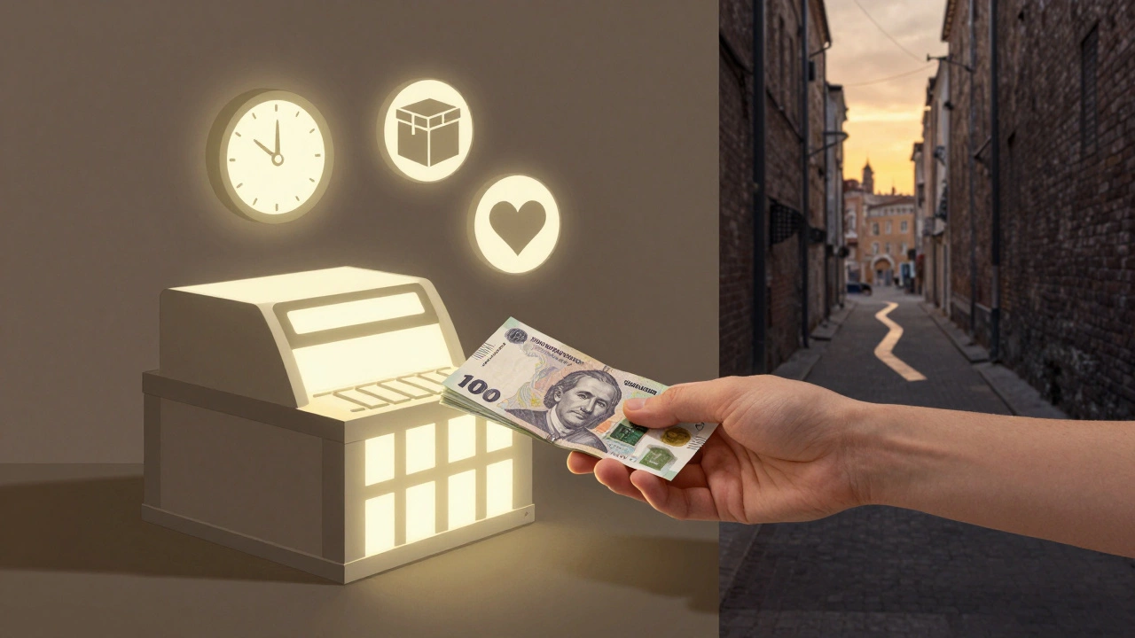 Рука отримує готівку з каси у формі складської коробки, символізує щоденну оплату праці.