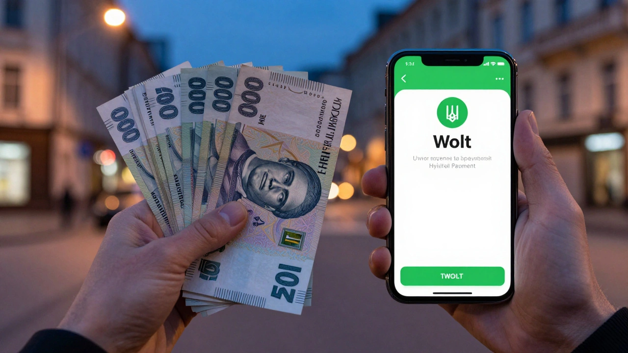 Рука тримає готівку поруч із екраном додатка для доставки їжі.