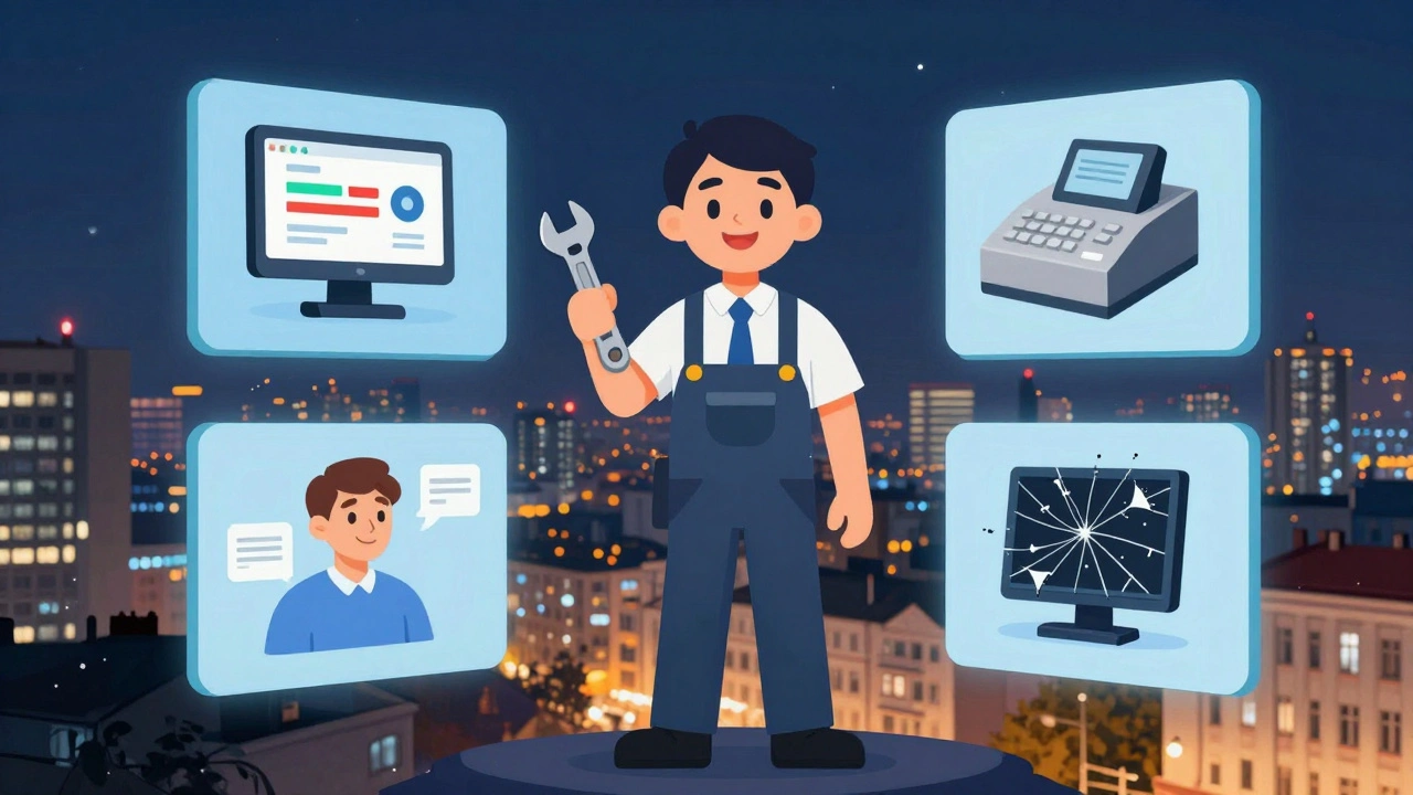 Символічна фігура працівника комп'ютерного клубу з чотирма аспектами роботи: техніка, каса, клієнти та ремонт.