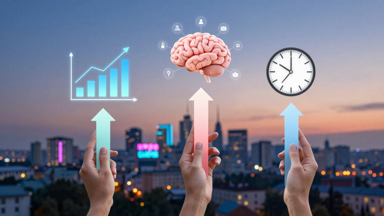 Символічна сцена: три шляхи розвитку кар'єри — цифровий маркетинг, комунікація та гнучкий графік — виходять з рук жінки.