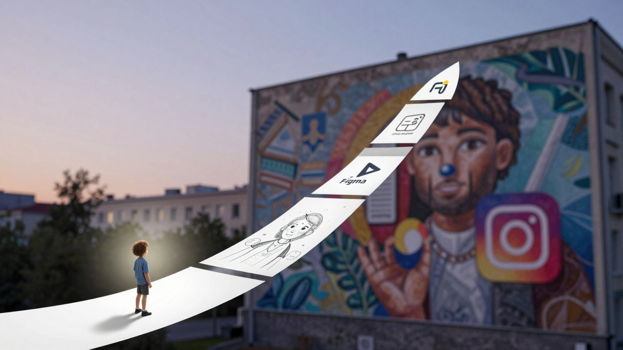 Шлях від дитячого малюнка до великої фрески в Києві, позначений цифровими іконами.