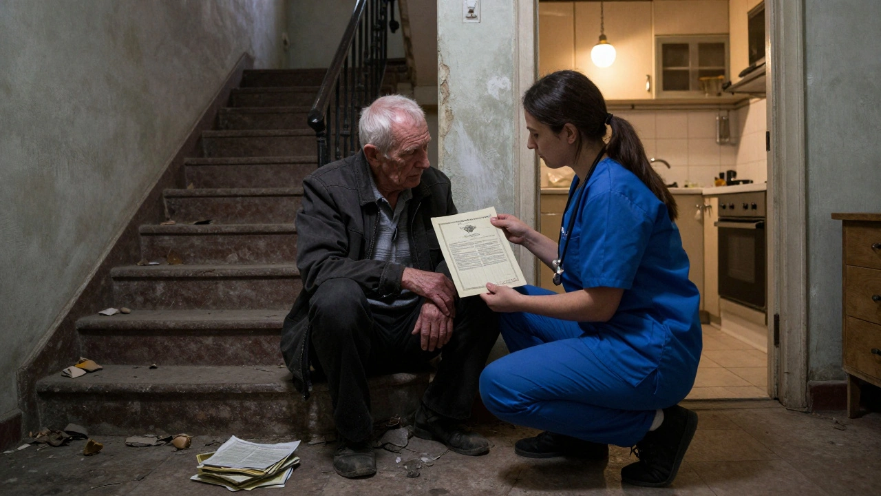 Соціальний працівник тримає за руку старого чоловіка, поки розглядає документи про квартиру у пошарпаному коридорі.