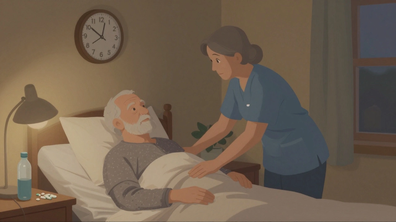 Старенька жінка допомагає літньому чоловікові в ліжку під час нічної зміни.