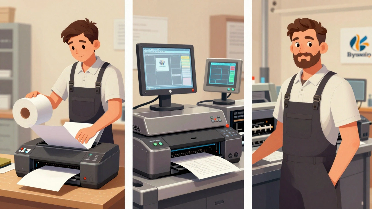 Три етапи кар'єри печатника: новачок, фахівець і майстер у поліграфічній галузі Києва.