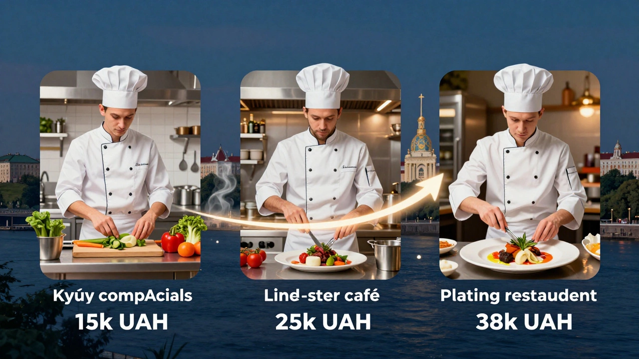 Три етапи кар’єри повара в Києві: від чистки овочів до створення елітної страви, з символічними підйомами та ландшафтом міста.