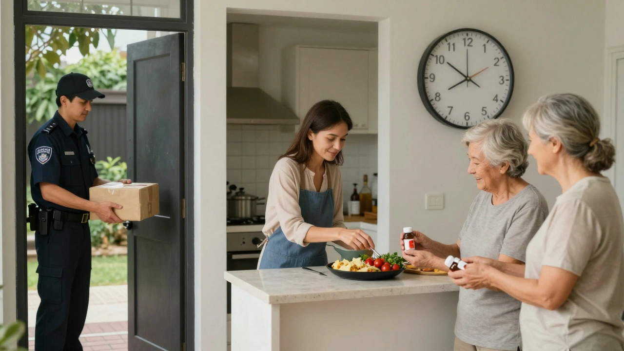 Три сцени роботи сутки трое: охоронець, домогосподарка та допомога з ліками.