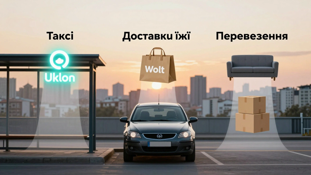 Три шляхи доходу від власного авто в Києві: таксі, доставка їжі та перевезення вантажів, зображені символічно навколо автомобіля