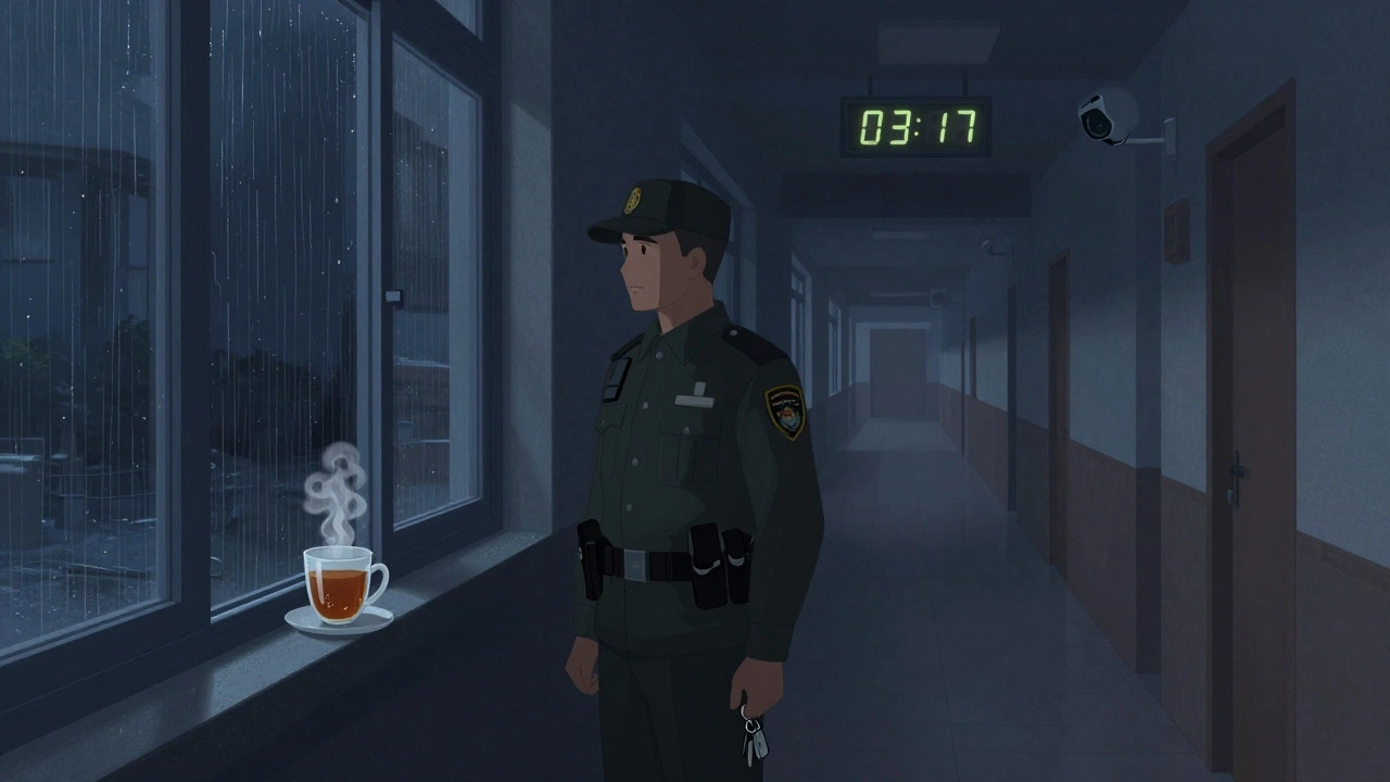 Вахтер стоїть у коридорі загальніжиття о 3 годині ночі, тримаючи ключі, під світлом камери безпеки.