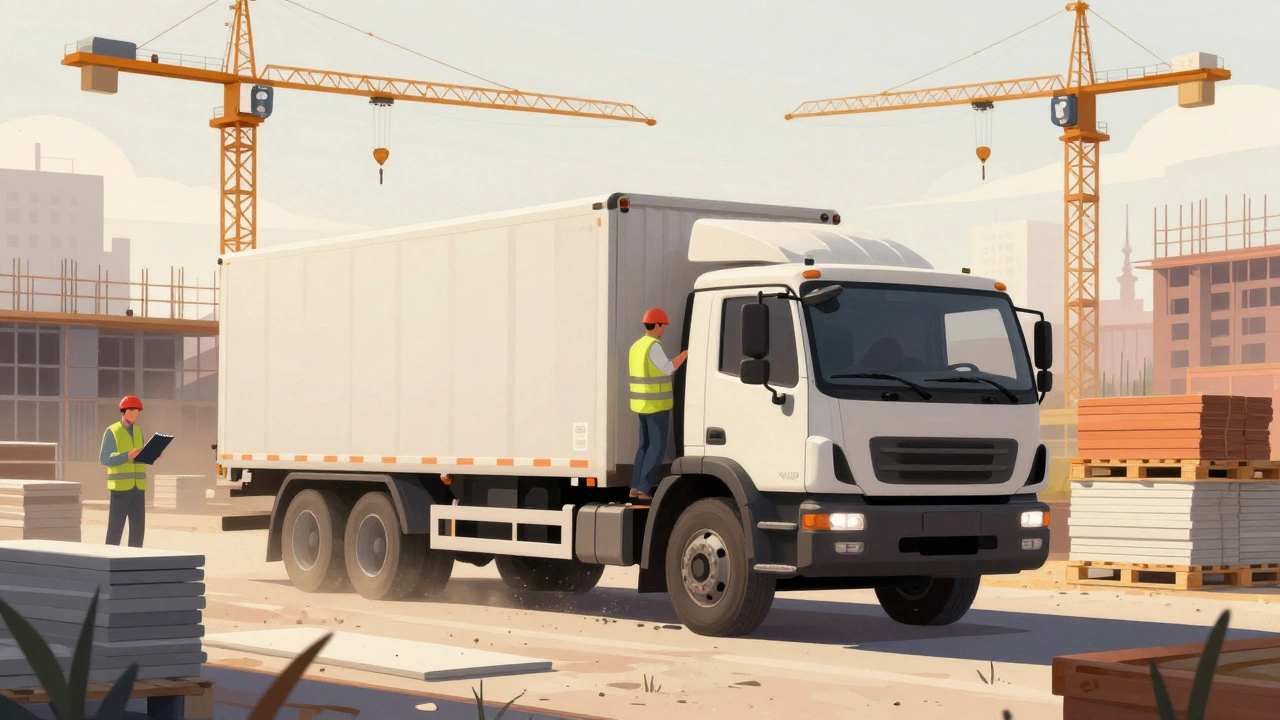 Водій вантажівки вивантажує будівельні матеріали на будівельній майданчику в Києві