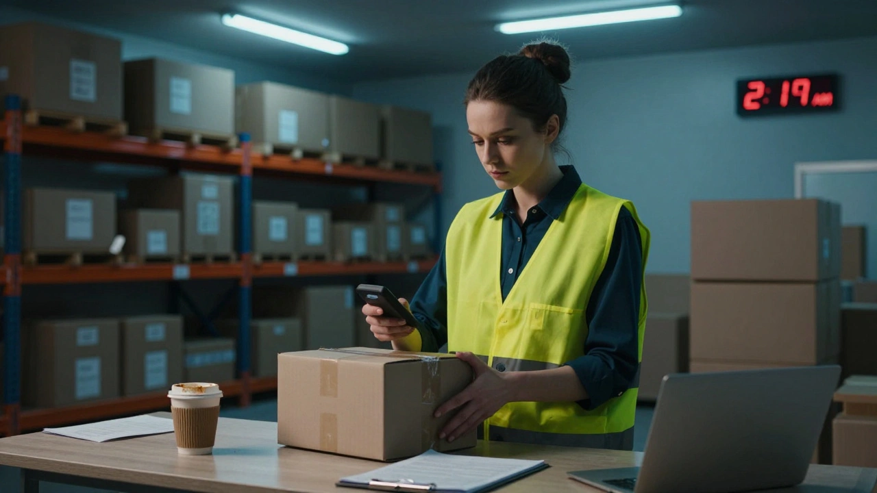 Жінка-експедитор сканує вантаж у нічному складі з цифровим годинником на тлі.