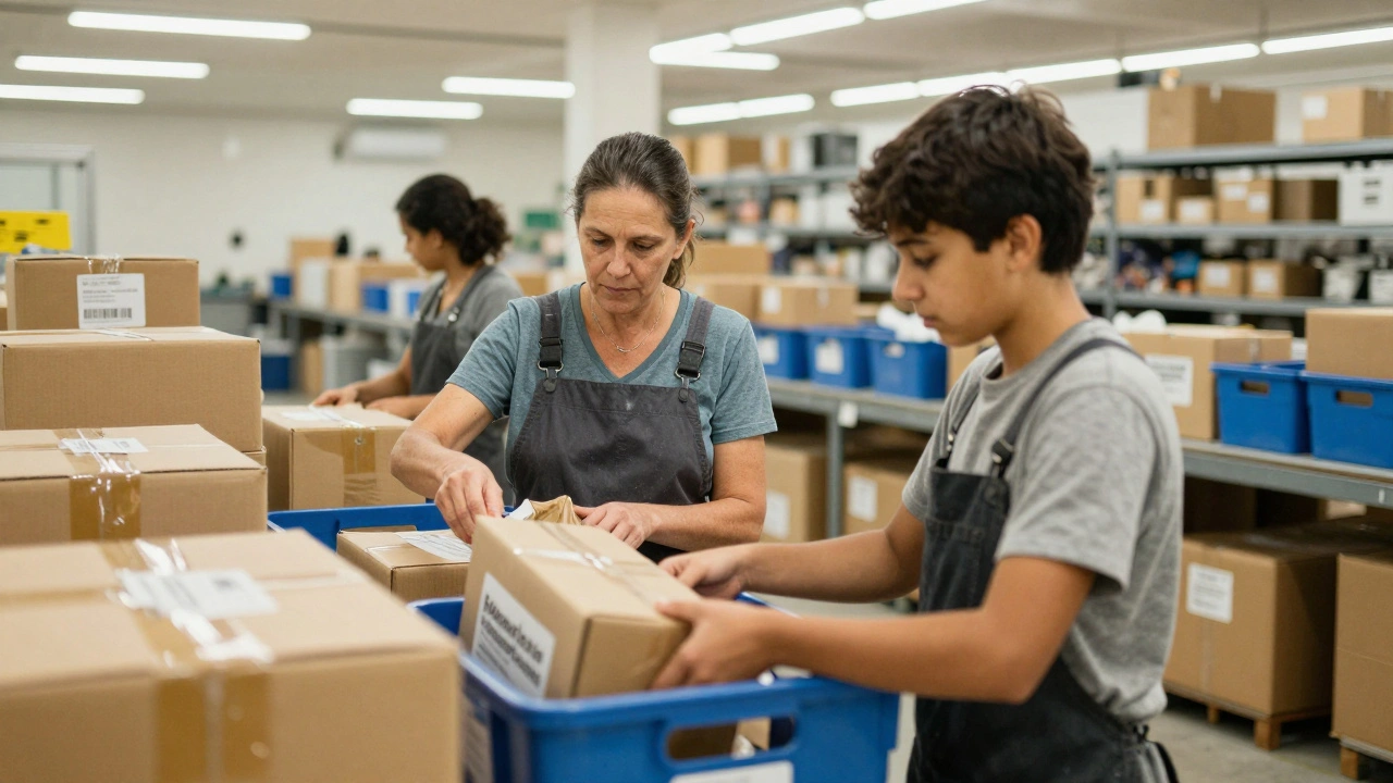 Жінка і студент працюють разом у центрі прийому посилок, сортуя відправлення.