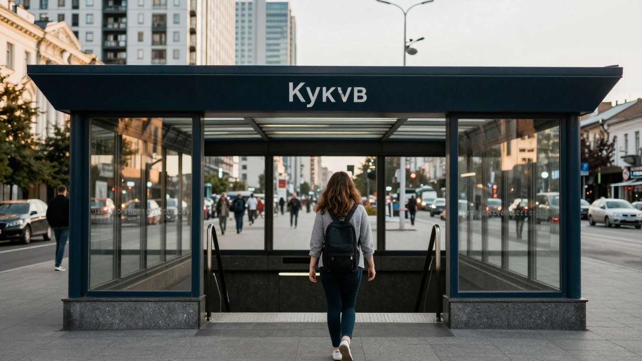 Жінка йде до метро в Києві, міський пейзаж, сонячний день.