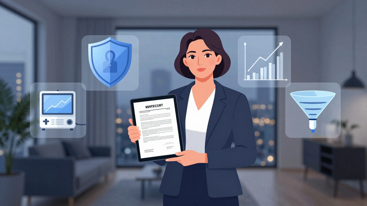 Жінка поспішно працює з дому, на екрані — договір про продаж нерухомості, навколо — символи інших високооплачуваних професій.