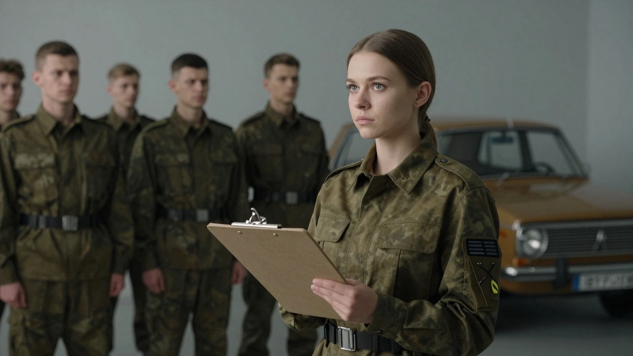 Жінка в військовій формі чекає на інструкції в студії Київфільм, інші актори масовки за нею.