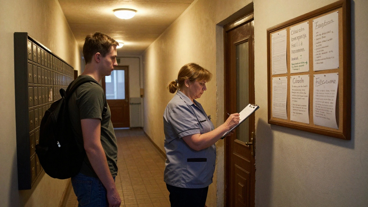 Жінка-вахтер перевіряє документи відвідувача на вході до загальніжиття в Києві.