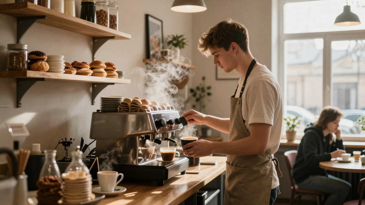 Чоловік у фартусі готує каву в невеликій кав’ярні Києва ранком, сонячне світло вікна.