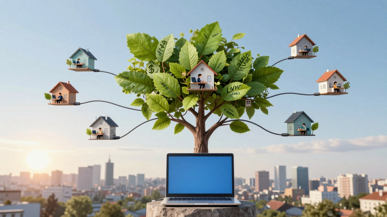 Дерево з інтернет-кабелями росте з ноутбука, з'єднуючи віддалені робочі місця по всій Україні.