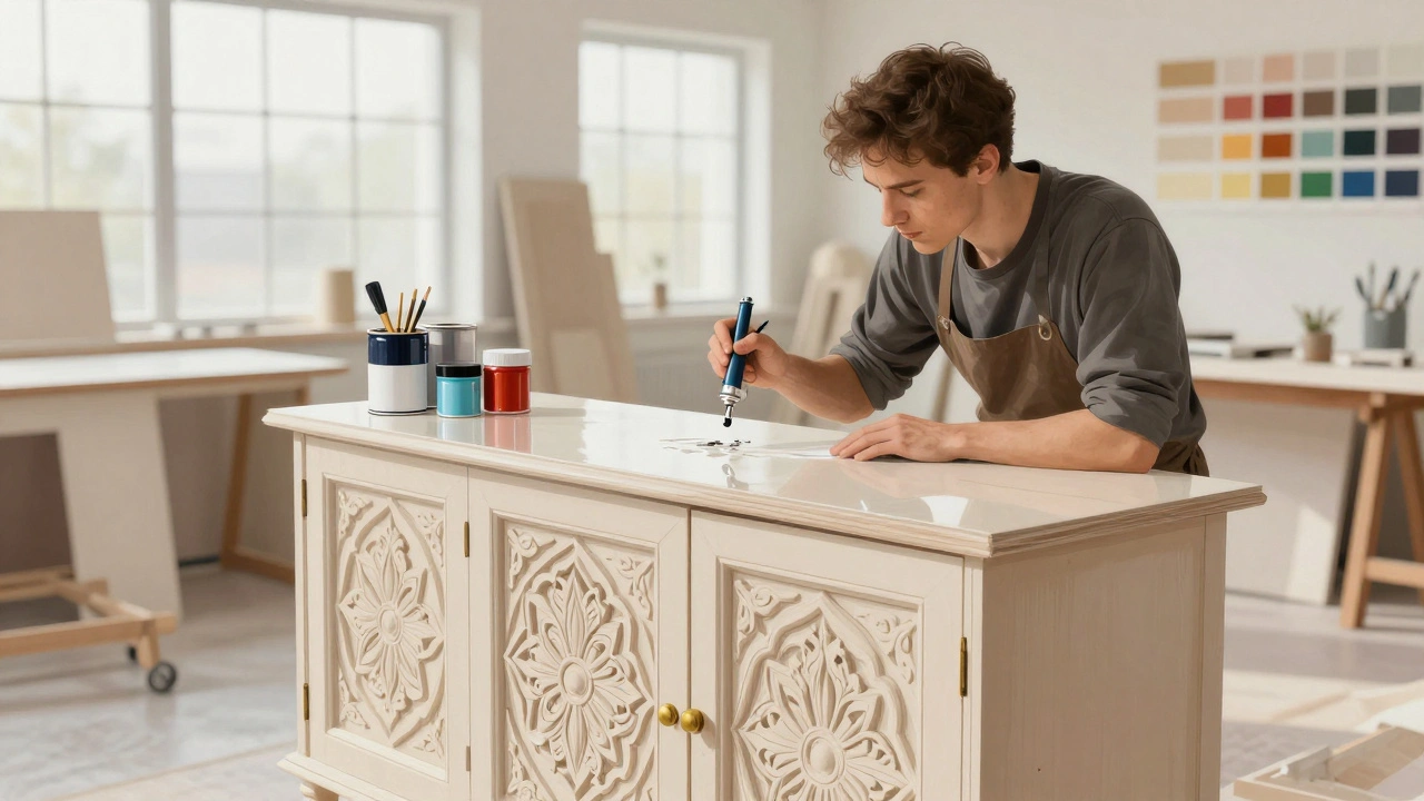 Фахівець наносить лак на різьблені деталі МДФ у інтер’єрній майстерні.