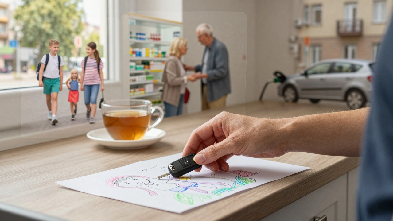 Ключі від авто лежать на кухні разом із дитячим малюнком і чашкою чаю.