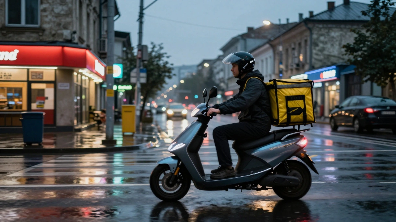 Кур'єр на електросамокаті доставляє посилання в дощовий вечір у Києві.