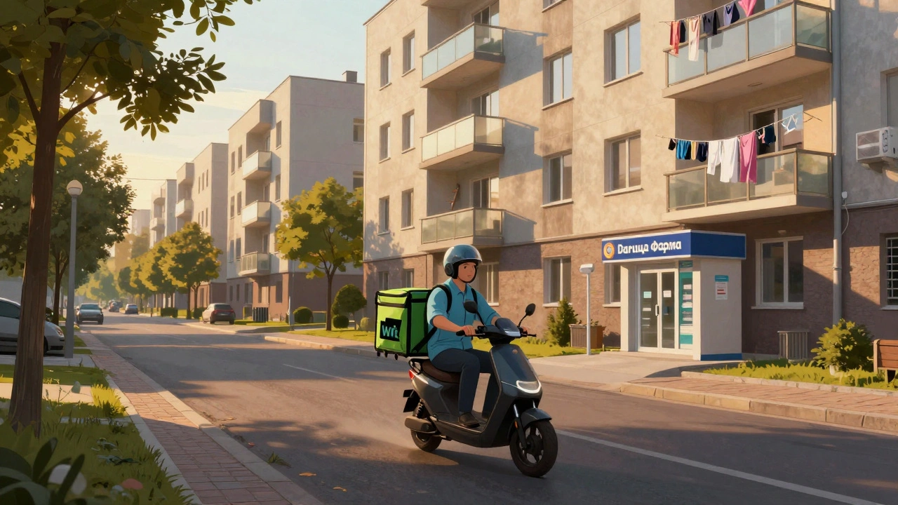 Кур'єр на електросамокаті доставляє замовлення в житловий масив Дарниці ввечері.