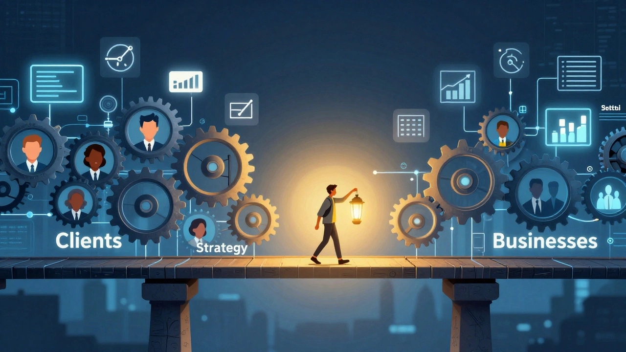 Міст між клієнтами та бізнесом, створений з даних і стратегії, символізує зв'язок на ринку.