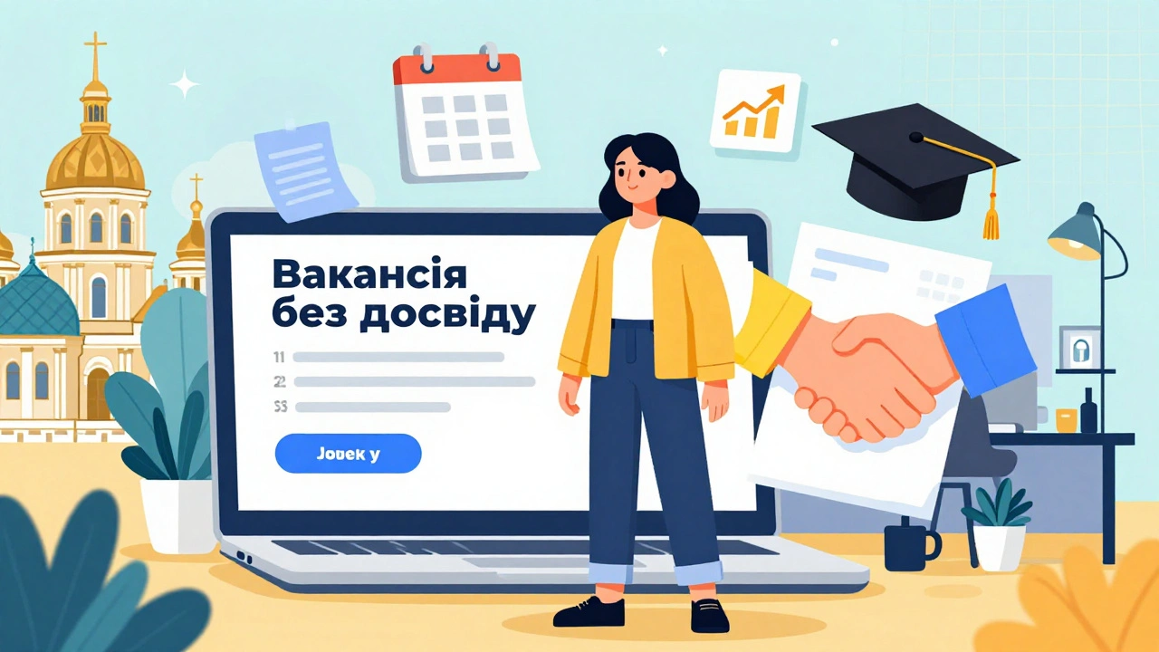 Молода жінка дивиться на екран з вакансією без досвіду, навколо неї — символи гнучкого графіку, зарплати та навчання.