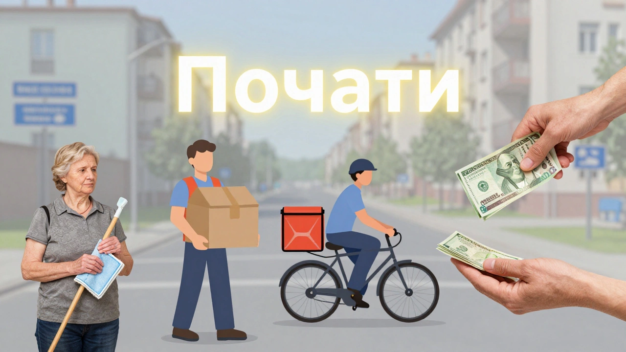 Мозаїка різних працівників Воскресенки: уборщиця, кур'єр, працівник складу — символ початку без бюрократії.